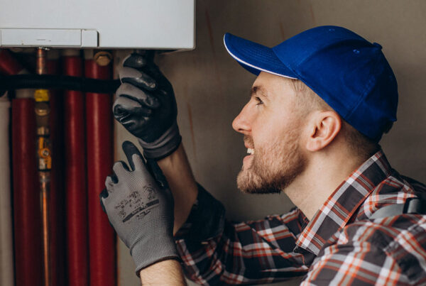 An HVAC contractor making a repair and discussing boiler vs. furnace with a customer