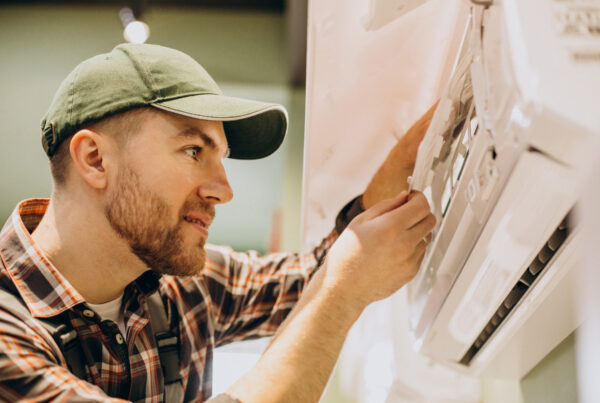 A man fixing his air conditioner for a blog post titled, "How Often Should You Have Your Air Conditioner Serviced?"