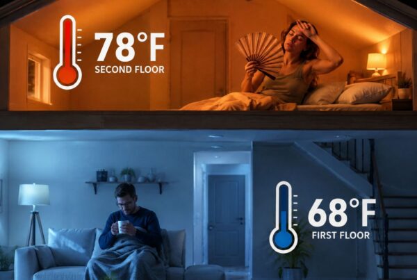 A split graphic with a woman sweating upstairs and a man in a cool downstairs for a blog titled "Why is My Upstairs Hot and Downstairs Cold?"